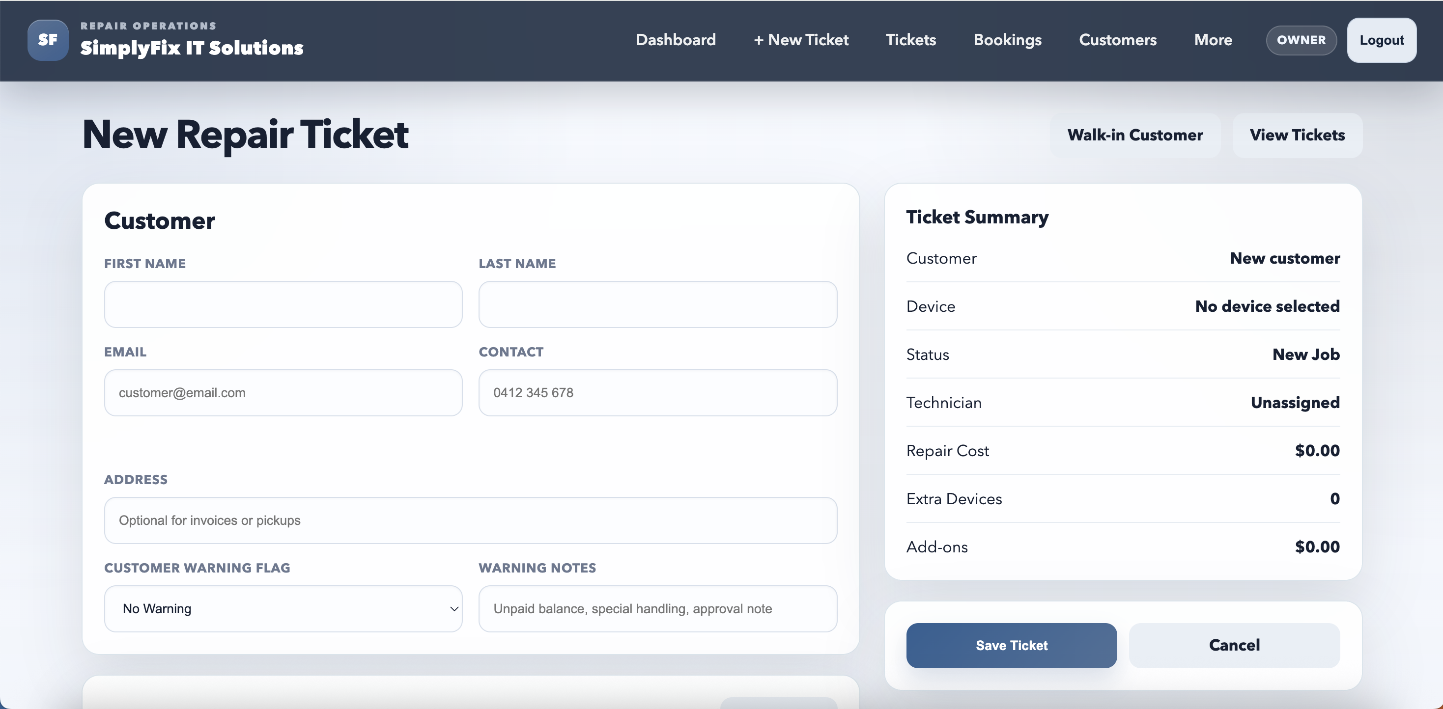 ShopflowX new ticket customer intake